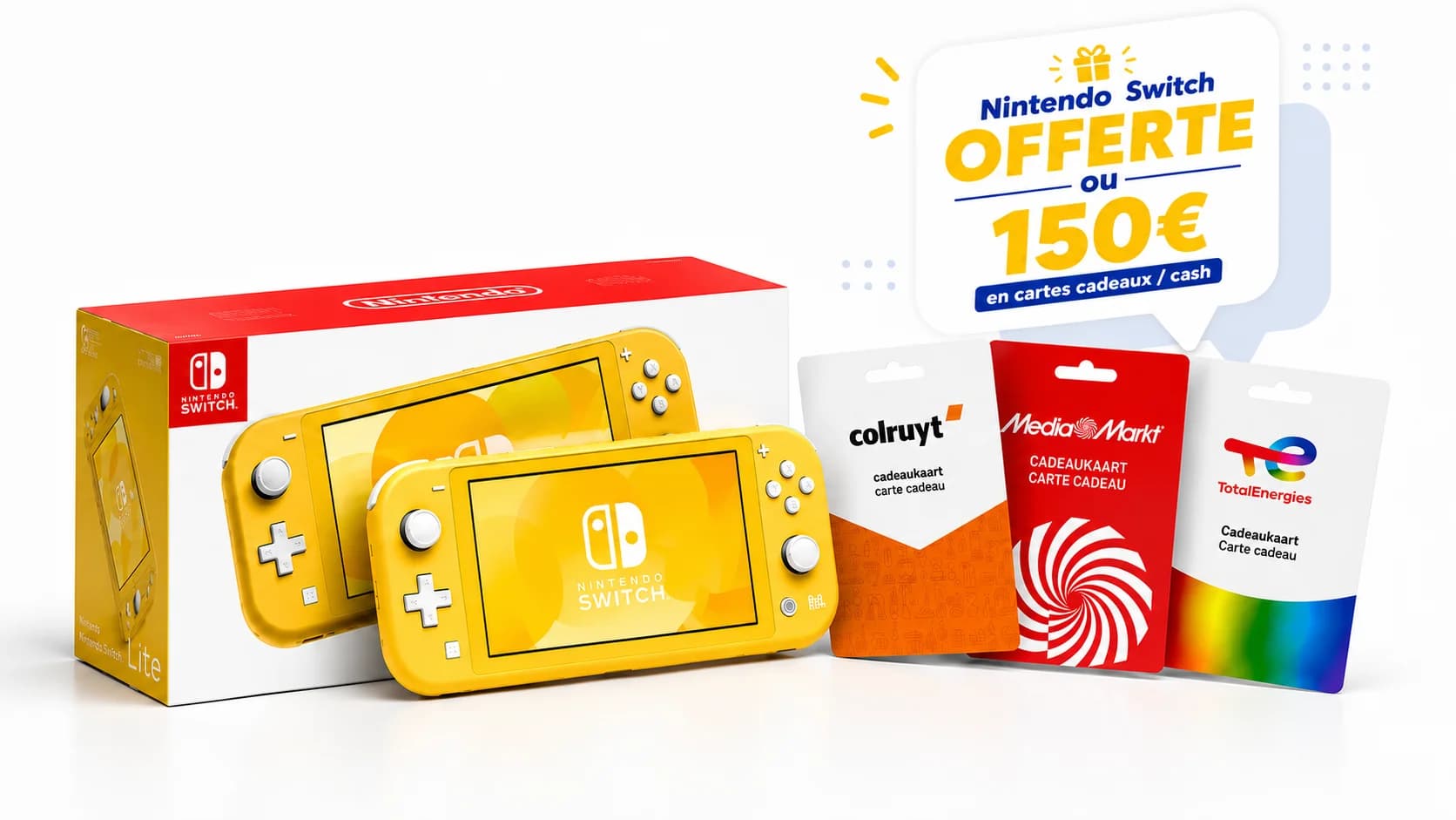 Nintendo Switch Lite jaune offerte par Carbelle — ou 150€ en cartes cadeaux / cash